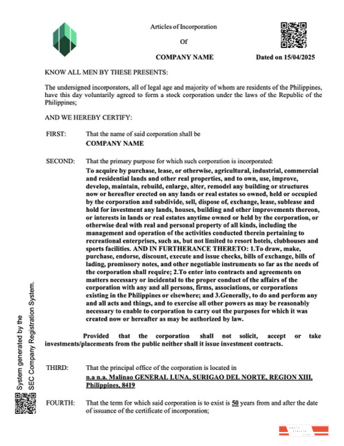 Philippines certificate of company incorporation Word and PDF template